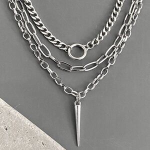 NEW! 3 pcs/set, layered silver necklaces, SPIKE edgy punk goth